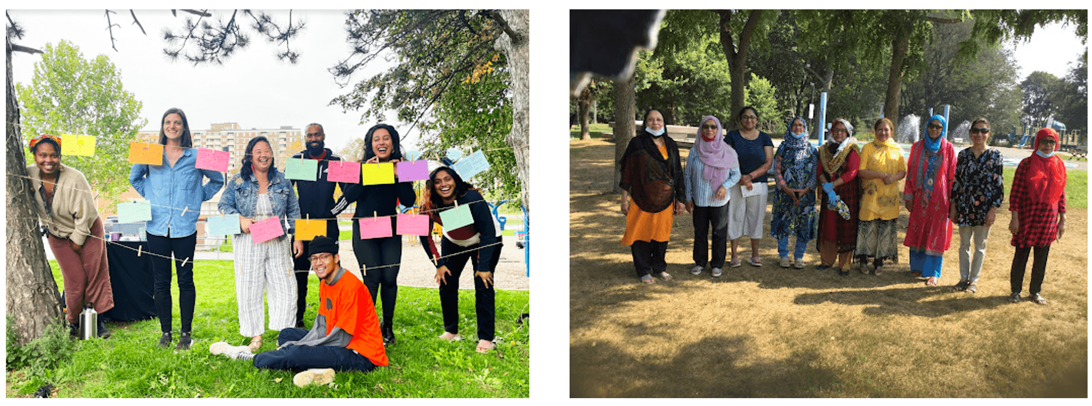 On the left: The DIA Staff and Board participating in a Parks Future’s Design Lab. Credit: DIA / On the right: Social researcher Ari interviewing members of Shwasti at Dentonia Park in August 2021. 